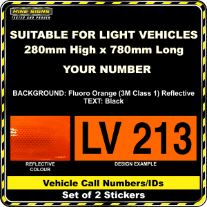 Hi Vis Light Vehicle Call Number/ID Class 1 (Set of 2 Stickers) 280mm x 780mm fluoro orange