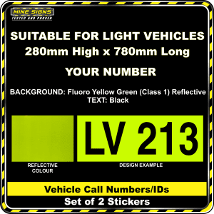 Hi Vis Light Vehicle Call Number/ID Class 1 (Set of 2 Stickers) 280mm x 780mm fyg fluoro yellow green