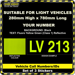 Hi Vis Light Vehicle Call Number/ID Class 1 (Set of 3 Stickers) 280mm x 780mm fyg fluoro yellow green